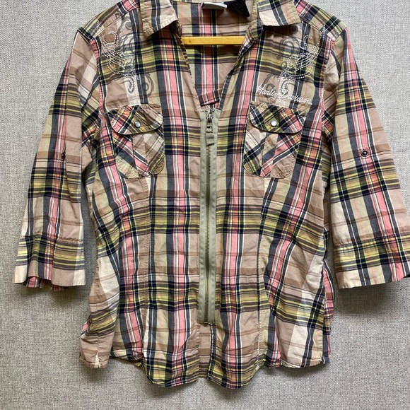 Harley Davidson Embroidered Full Zip Shirt Womens Size XL. Plaid. 3/4 Sleeves - Picture 8 of 12